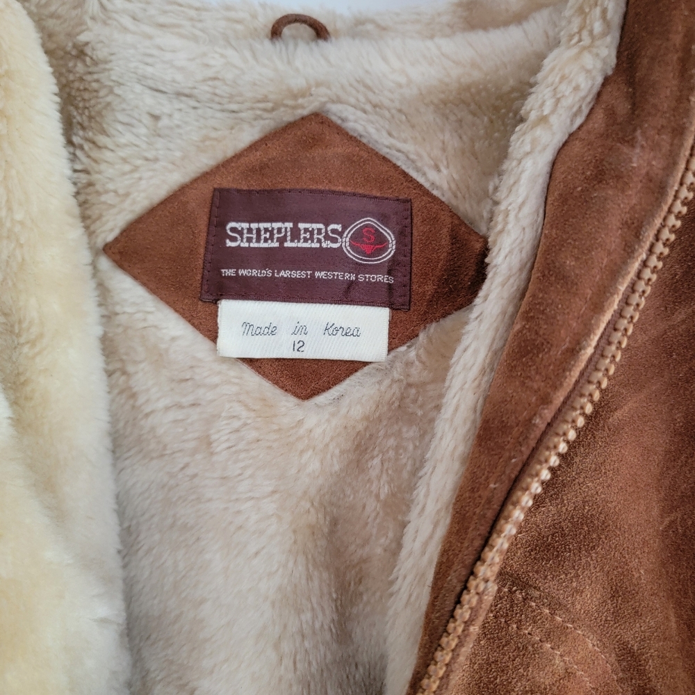 Vintage Shepler's Brown Suede Soft Shearling Lined Bomber Jacket 12* Small  Hood - Picture 9 of 16